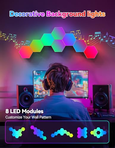 TECKNET Hexagon Light Panel - 8 Pack Smart APP RGB Hexagon LED Lights Wall Lights with Remote Control & Music Sync for Halloween Decor, Gaming Decor