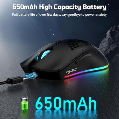FREEWOLF X HXSJ T66 Wireless Gaming Mouse Tri-Mode Superlight Honeycomb Design PAW3212 3600DPI Sensor 1000Hz Polling Rate Bluetooth/2.4Ghz/Wired Ergonomic PC Mice RGB Light Programmable Buttons-Black - color: black