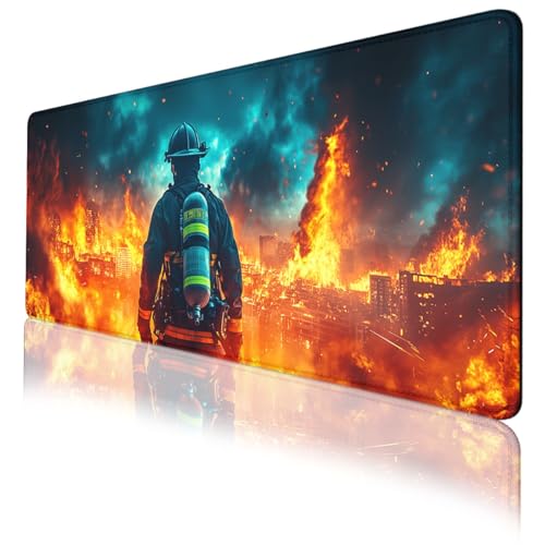 Firefighter Mouse Pad Heroic City Inferno Disaster Scene Large Gaming Mouse Mat with Stitched Edges,Non-Slip Waterproof Rubber Base Mous Mat Office Computer Keyboard Laptop 31.5x11.8 Inch - color: Firefighter_11, size: 31.5L x 11.8W inches