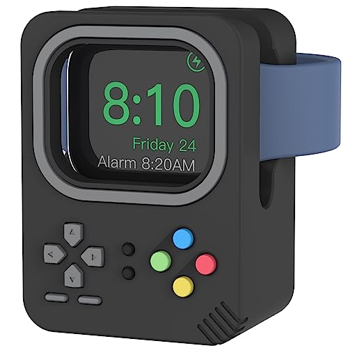 Delidigi Silicone Charger Stand Dock for Apple Watch All Series | Ultra3/Ultra2/Ultra/11/10/9/8/7/6/5/4/3/SE3/SE2/SE1, Retro Game Console Design, Cable Management, Support Nightstand Mode - color: Black