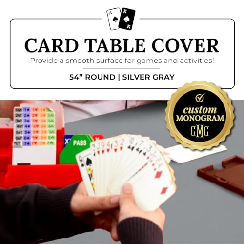 Personalized 54" Round Table Cover – Bridge Table Covers with Soft Ultra-Suede Fabric - Washable Table Cover Protects Cards & Tiles, Reduces Noise - Round Tablecloth for Game Night, Mahjong & Poker - color: Silver Gray Embroidered, size: 54"
