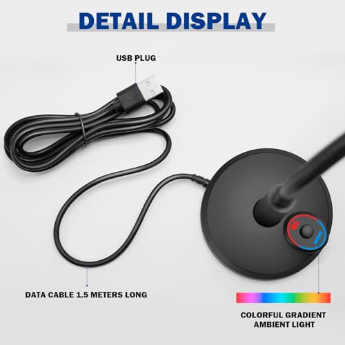 RGB USB Condenser Microphone, Plug & Play Desktop PC Mic with Mute Button, Flexible Gooseneck for PC, Mac, PS5, Gaming, Streaming, Zoom, Discord (1.5m Cable)