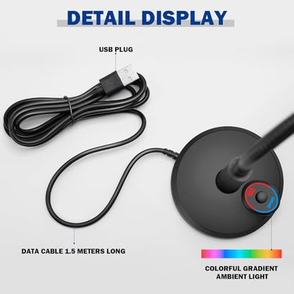 RGB USB Condenser Microphone, Plug & Play Desktop PC Mic with Mute Button, Flexible Gooseneck for PC, Mac, PS5, Gaming, Streaming, Zoom, Discord (1.5m Cable)