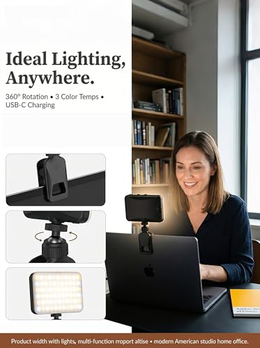 91 LED Portable Charger Selfie Light Video Conference Lighting | with Clip & Camera Tripod Adapter, Rechargeable 2000mAh, CRI 96+, 4 Light Modes, for Phone iPhone Webcam Laptop Makeup - color: Dusk Grey