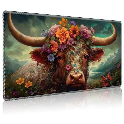 Playmat for MTG, 24 x 14 inches Game Play Mat for MTG TCG and Other Card Games, Trading Card Game Play Mat Desk Mats with Stitched Edges Non-Slip Base, Bull with Flowers - color: Bull With Flowers, size: Regular