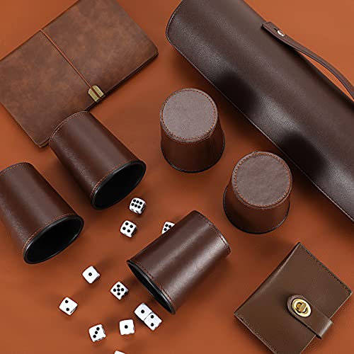 2-Pack Leather Dice Cup Set, 10 Brown Cups, 50 Dice with 2 Storage Cases | PU leather dice set with 5 felt-lined cups, 25 dice and storage case for Liar’s Dice, craps, backgammon and party games - color: Brown X2