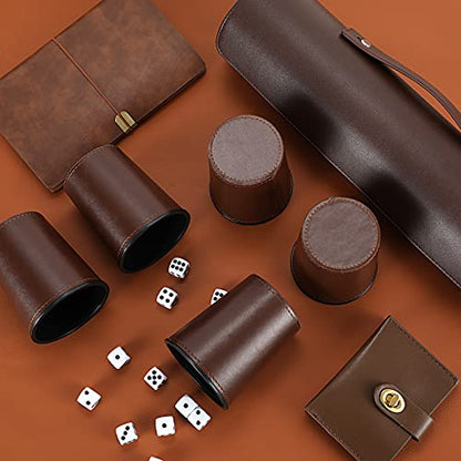 2-Pack Leather Dice Cup Set, 10 Brown Cups, 50 Dice with 2 Storage Cases | PU leather dice set with 5 felt-lined cups, 25 dice and storage case for Liar’s Dice, craps, backgammon and party games - color: Brown X2