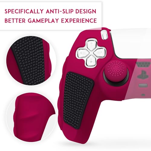 SIKEMAY Anti-Slip PS5 Controller Skin, Soft Thicken Non-Slip Studded Silicone Gel Grip Protective Cover Case for PlayStation 5 Controller Grip, 2 Pack with 8 x Thumb Grip Caps - color: Cosmic Red-Black