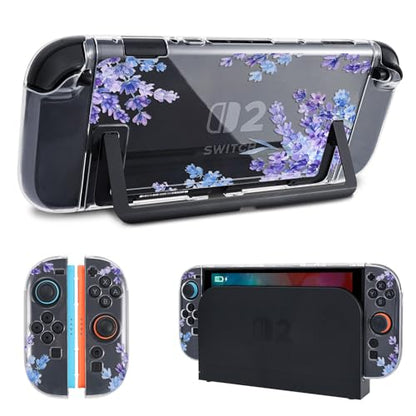 DLseego Protective Case Flower Floral Clear Switch 2 (2025), Detachable Joy-Handle Protective Case 2-Piece Split Full Wrap PC Hard Shell Anti-Scratch All-Round Protection Cover, Lavender, Purple - color: Purple 2