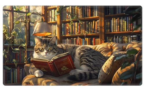 Card Playmat 70 x 40 cm Game Mats Tabletop Magic for MTG/TCG Cards, Trading Card Game Playing Stitched Commander Deck Gaming Desk Duel Mat Card Gameplay Mats, Library Cat - color: Library Cat, size: 27.5"X15.7"