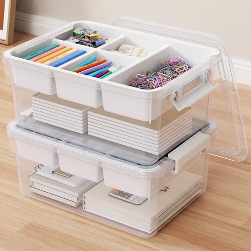 40Qt Stackable Storage Bins with Lids & Trays, Clear Plastic Latching Boxes Organizers with Dividers Portable 10Gal Containers for Arts & Crafts, Home and Car Trunk Organization, 2Pack - color: Clear White, size: 20QT-2Pack
