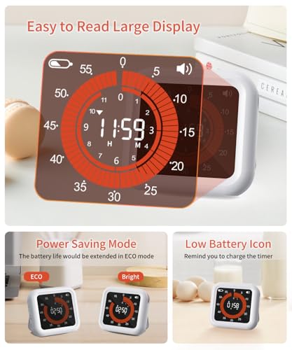 Digital Magnetic Visual Kitchen Timer, Up to 11H 59M Countdown & Count Up | USB-C Rechargeable, Large VA Display, Adjustable Volume and Brightness, Memory Recall Function for Kitchen, Classroom, Study - color: White