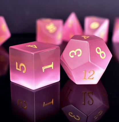 Natural Gemstone DND Dice Set,7 Pcs Pink Cat's Eye Handmade Polyhedral D&D Dice with Gift Metal Box for Dungeons and Dragons MTG Role Playing Games (Pink Cat's Eye) - color: Pink Cat's Eye