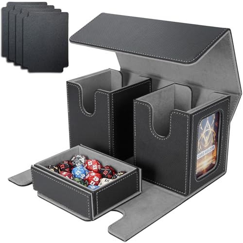 AFIING MTG Commander Card Storage Box - Fits 200 Double Sleeved Cards,3-in-1Card Deck Case,Strong Magnet Card Organizer For Magic Commander TCG CCG,4Dividers &2 Toploaders, Black/Grey - color: Black Grey