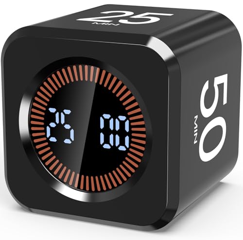 Digital Pomodoro Timer Cube 5/10/25/50min Preset, Silent & Sound Alarm | Visual Productivity Flip Timer for Kids Classroom Desk, Custom Countdown, Gravity Sensor, for ADHD Study Work Game Kitchen - color: Black