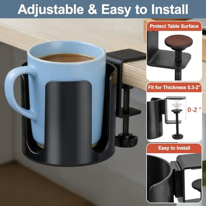 Large Clamp On Cup Holder for Desk, 3.9" Diameter Anti-Spill Drink Holder | Easy Install Clip On Table & Chair Armrest, Desk Accessories for Office, Gaming, Coffee Mugs & Bottles - size: 3.9 Inch, no Hook