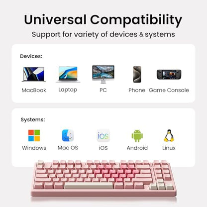 Kisnt KN85 Wireless Mechanical Keyboard, 75% Layout, Bluetooth/2.4GHz/USB-C, Custom RGB Backlit, Hot-Swappable Linear Switch, Creamy Sound for Gaming/Typing (Rose Pink) - color: Rose Pink