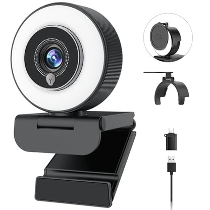Angetube 4K Webcam with Ring Light, Computer Web Camera for Desktop, Laptop | 4K@30FPS, PDAF Autofocus, 1080P@60FPS, 2 Microphones, USB-A/C, Privacy Cover, Streaming Web Cam for PC Mac, Zoom Teams Twitch