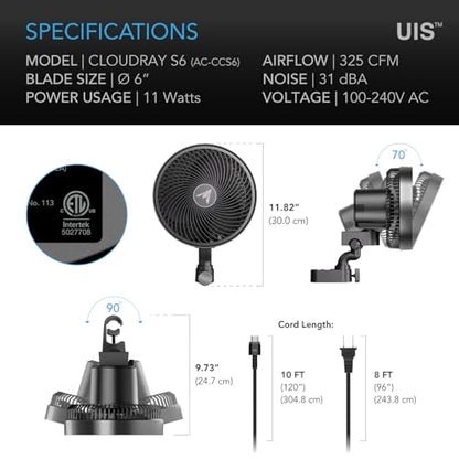 AC Infinity CLOUDRAY S6 Grow Tent Clip Fan 6” | Redesigned Long-Life EC Motor, 10 Dynamic Wind Speeds, 10-Level Oscillation, IP-54 Weatherproof for Hydroponic Cooling - size: 6", Auto Oscillation