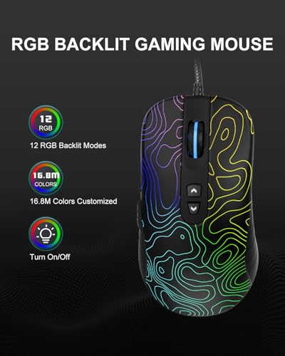Womier G706 USB Wired Gaming Mouse for PC Computer Windows Mac Laptop, Lightweight Silent RGB Backlit Mouse with Adjustable 12000DPI/7 Programmable Side Buttons,Topographic Theme (Black Topographic) - color: Black Topographic