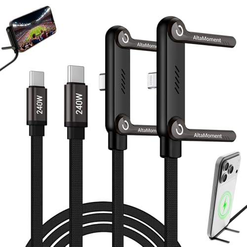 Invisible Holder Charger Cable, 240W PD Fast Charging Cable for Desk, USB-C to USB-C & USB to Light-ning Cable 4.9 FT with 360° Adjustable Metal Stand, 2 in 1 Holder Charger for Gaming, Office, Home - size: 2PCS ( C to C & C to Lightning )