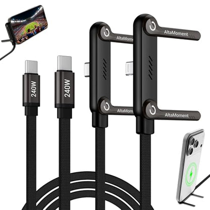 Invisible Holder Charger Cable, 240W PD Fast Charging Cable for Desk, USB-C to USB-C & USB to Light-ning Cable 4.9 FT with 360° Adjustable Metal Stand, 2 in 1 Holder Charger for Gaming, Office, Home - size: 2PCS ( C to C & C to Lightning )