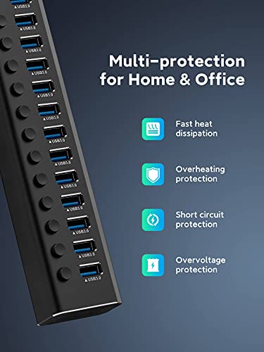 16-Port 96W Powered USB 3.0 Data Hub, Aluminum Housing, RSH-A16 | USB 3.0 Splitter with 12V/8A Power Adapter, Individual On/Off Switches and 3.3Ft USB 3.0 Cable - size: 16-Port Powered USB Hub
