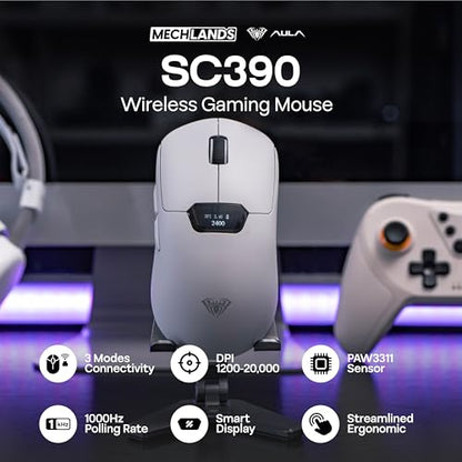 MechLands Aula SC390 Lightweight Gaming Mouse with Display Screen | 2.4G/USB-C/BT Wireless Mouse w/ 400mAh Battery, Adjustable 20,000 DPI, 1000 Polling Rate, PAW3311 Sensor, for Win/Mac (White) - color: White