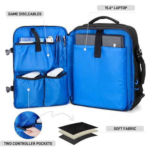 PGmoon Travel Backpack Compatible with PS5/PS5 Slim/PS5 Pro Console | Protective Carrying Case Bag for Controllers, 15.6" Laptop, Game Discs (Patent Design)