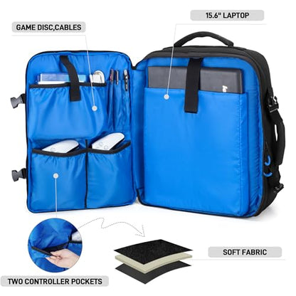 PGmoon Travel Backpack Compatible with PS5/PS5 Slim/PS5 Pro Console | Protective Carrying Case Bag for Controllers, 15.6" Laptop, Game Discs (Patent Design)