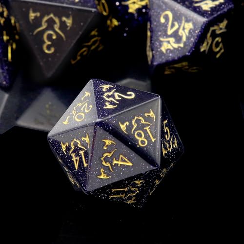 Haxtec Gemstone DND Dice Set Blue Sandstone Precious Gemstone Dice Set Compatible with Dungeons and Dragons TTRPG Gifts for Dungeons Masters Premium Dice Case DND Gifts - color: Dark Blue Gold