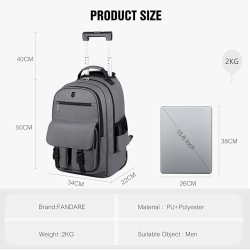 FANDARE Rolling Laptop Backpack Convertible Luggage Backpack with Wheels Travel Daypacks Multi-Functional Carry-On for Business Trip Men Lifestyle Outdoor Urban Waterproof PU Film Backpacks Black - color: Black