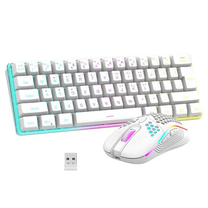 RedThunder 60% Wireless Gaming Keyboard and Mouse Combo, 2500mAh Rechargeable Battery, Ultra-Compact Small RGB Mechanical Feel Keyboard, Lightweight Honeycomb Optical Mouse for Gaming/Business, White - style: 02 White Wireless Combo