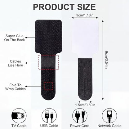 100 Pcs Cable Management Under Desk, Hook and Loop Cable Straps, Black | Strong Adhesive Backing, Residue-Free Removal, Adjustable Cable Ties for Home, Office, and TV, Computer, Vehicle Use - color: Black