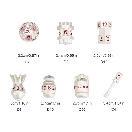 UDIXI RPG Metal Dice Set D&D, 7-Pieces Polyhedral Metal DND Dice Set Silver | Bomb Shape, Red Numbers, Solid Metal, Cool Design, Leather Pouch Pakaging, for Dungeons and Dragons Role Playing Games - color: Silver Red