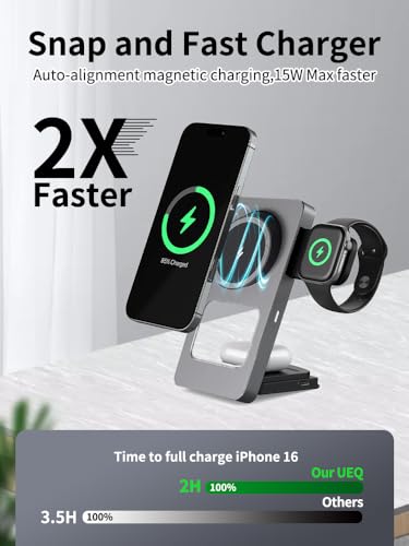 3-in-1 Foldable Wireless Charging Station for iPhone, Apple Watch, AirPods, Aluminum Alloy Frame, 15W Fast Charging, 0-180 Adjustable Stand, Qi Magnetic Wireless Charger (Gray)