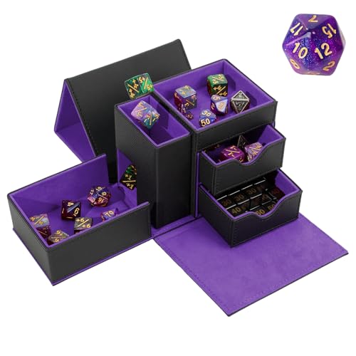 Leather Dice Tray & Tower Storage Box, 3 in 1 Dice Holder Case (Rolling Tray, Tower, Storage Drawers), Magnetic Closure DND Accessories Gifts for RPG MTG, Black/Violet - color: Black/Violet