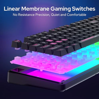 Redragon K526 PRO RGB Wireless Membrane Gaming Keyboard, 104 Keys Mechanical-Feel Keyboard w/LED Info Display, Media/Backlit Knob Control, Smooth Linear Switch & Software Supported - color: Black & Purple