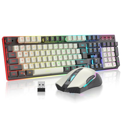 RedThunder K10 Pro Wireless Gaming Keyboard and Mouse Combo, RGB Backlit Rechargeable 3800mAh Battery, Mechanical Feel Anti-ghosting Keyboard + 7D 3200DPI Mice for PC Gamer(White Gray) - color: White-Gray RGB