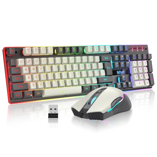 RedThunder K10 Pro Wireless Gaming Keyboard and Mouse Combo, RGB Backlit Rechargeable 3800mAh Battery, Mechanical Feel Anti-ghosting Keyboard + 7D 3200DPI Mice for PC Gamer(White Gray) - color: White-Gray RGB