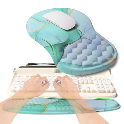 2-in-1 Ergonomic Set, Wave Rise Keyboard Wrist Rest and Massage Bulge Slope Mouse Pad Wrist Support, Cushion Memory Foam Integrated to Relieve Wrist Pain, Blue Gold Marble - color: Blue Gold Marble