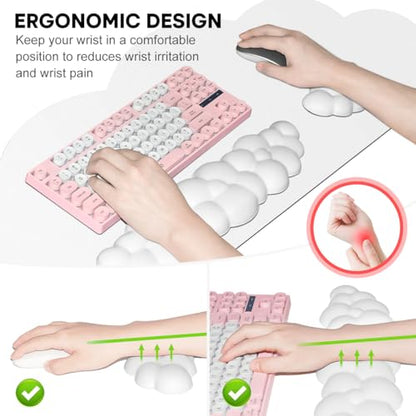 JIKIOU Ergonomic Keyboard Wrist Rest &Large Mouse Pad&Mouse Wrist & Cup Pad | Cute Cloud Shape, 4 in 1 Memory Foam Desk Mat, Ultra-smooth Surface, Savior of Wrist Pain, Anti-slip Rubber Base, Waterproof - color: 02White