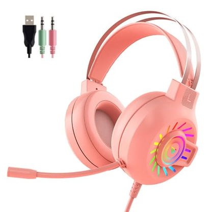 Gaming Headset,7.1 Surround Sound Wired Gaming Headset with Noise Cancelling Mic, Ultra Stable Headphones with 50mm Drivers Memory Foam, RGB Light, Pink - color: Pink