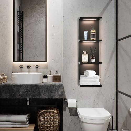 4 Tier LED Wall Shelf, Black | Modern Floating Shelves for Makeup Vanity, Bedroom,Living Room ,Easy Install Cosmetic & Display Lack - color: 4l-black