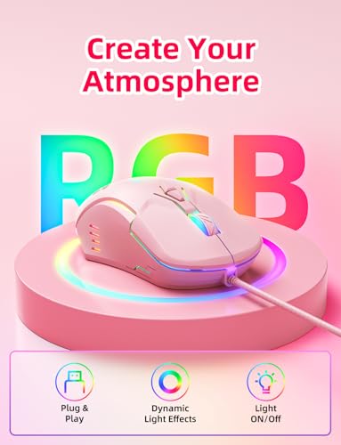 Wired PC Gaming Mouse: High Precision Sensor,RGB Backlit, Adjustable DPI, 7 Buttons Programmable,Ergonomic mice for Office & Gaming on Windows/Mac/Linux/Chrome- Pink - color: Pink