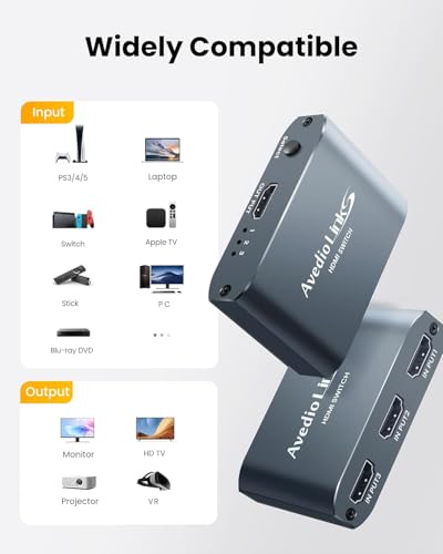 HDMI Switch 3 in 1 Out, 4K@60Hz Aluminum Alloy 【with 4FT HDMI 2.0 Cable】 | HDMI Splitter Switch supports HDCP2.2 and HDR10, compatible with PS5, Fire TV Stick, Xbox, PC and Projector