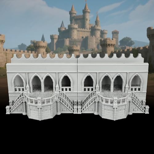 25mm Scale Unpainted RPG Building Straight Walls & Balcony, Modular Medieval Fortress Ramparts with Stairs -2-Piece TTRPG Terrain Set for Dungeon Masters & Wargame - City Walls 2 (AF1104 F) - color: Af1104 F City Walls 2