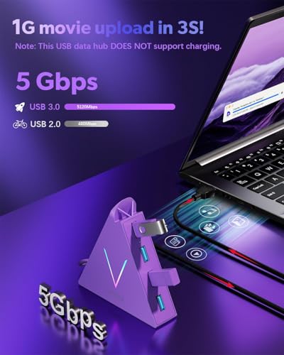 4-Port USB 3.0 Hub, FlyingVHUB USB Hub Tower with 2 ft Extended Cable,USB Splitter for Laptop,PC,PS4,PS5,Xbox,Mouse,Keyboard, Flash Drive,U-Disk (Dark Purple) - color: Purple-A