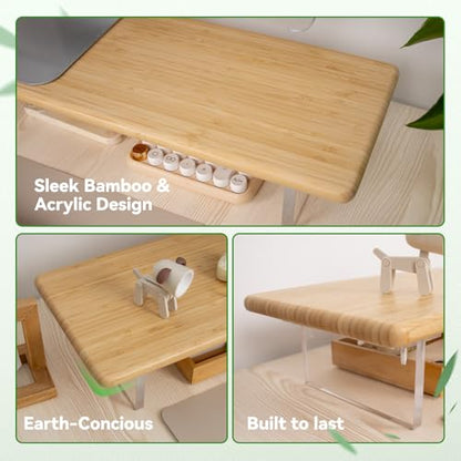 Bamboo Monitor Stand, Desk Shelf with Acrylic Legs and RGB Lights | 31.5-Inch Wide, 3.3-Inch Clearance, Fits Monitor, Laptop, Printer and Speakers for Small Desks - color: Natural x RGB Light