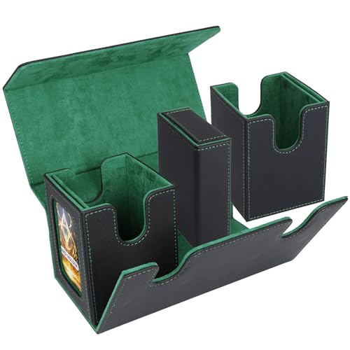 AFIING MTG Commander Card Storage Box - Fits 200 Double Sleeved Cards,3-in-1Card Deck Case,Strong Magnet Card Organizer For Magic Commander TCG CCG,4Dividers &2 Toploaders, Black/Green - color: Black Green
